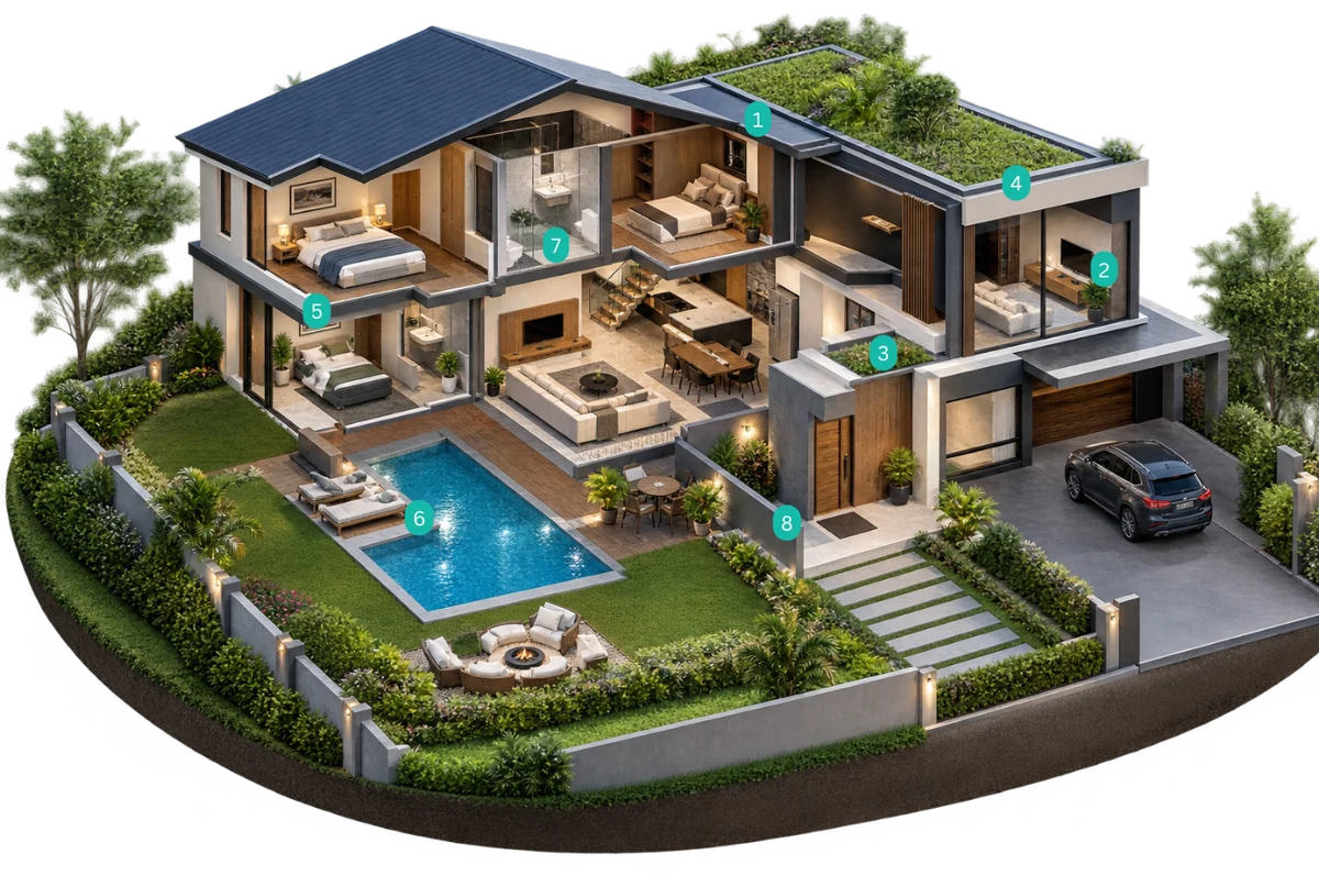 Cross-section of a house with eight numbered areas protected by Kifaru waterproofing: roof, walls, planters, slab edges, concrete, swimming pool, bathroom and foundation